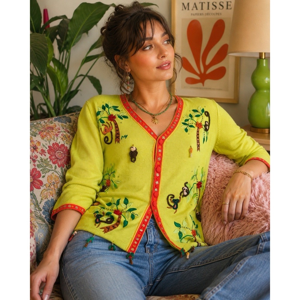 Collective Works Berek Cardigan Sweater S Y2K Monkey Palm Tree Beaded Sequin